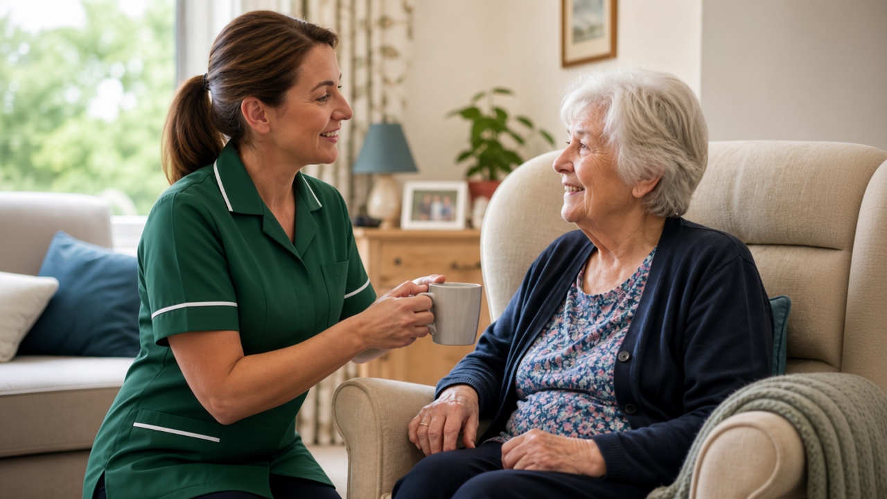 A Flexecare care staff member in green uniform bringing tea to a client at home